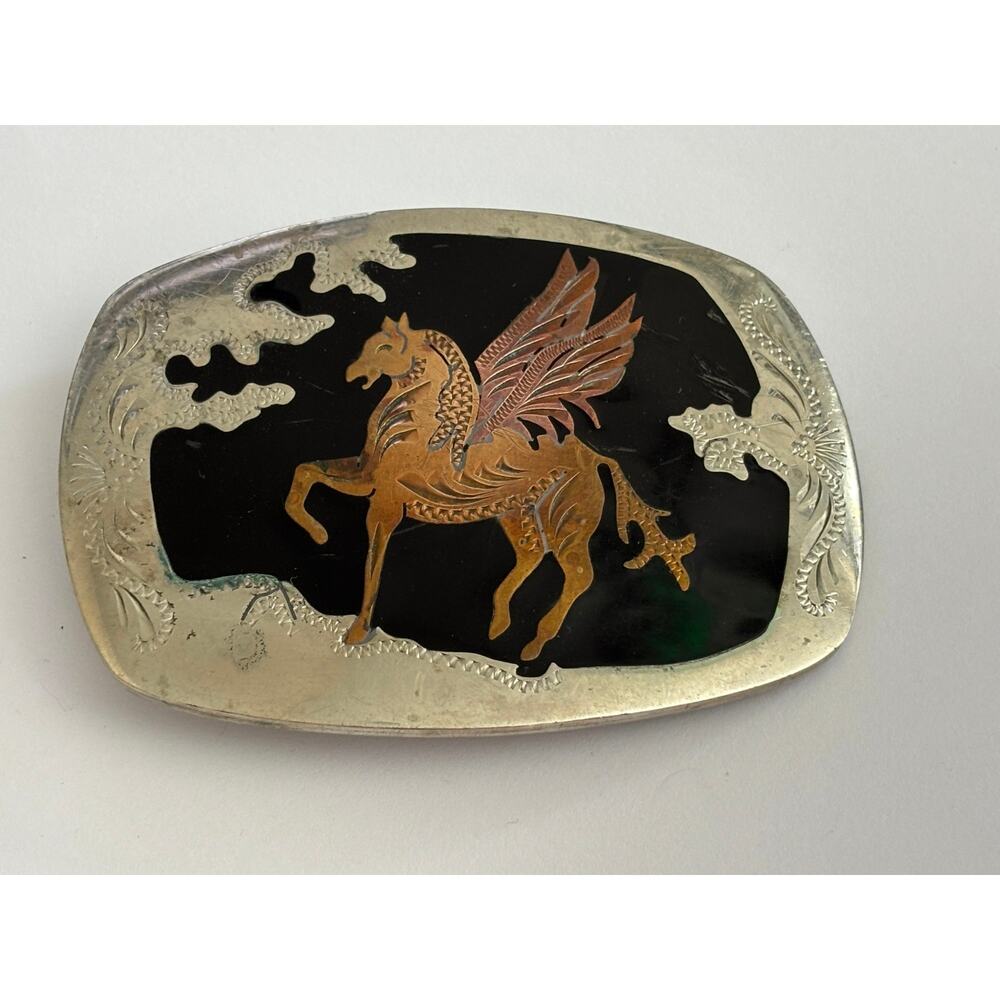 Vintage Silver Tone Belt Buckle Brass, Copper Inlay Western Style